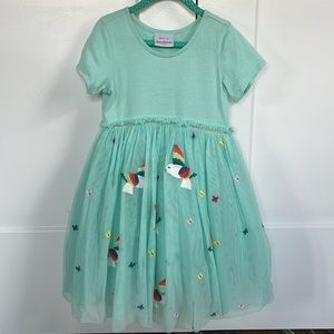 Hanna Andersson girls dress, teal, embroidered with birds and butterflies, 6-7
